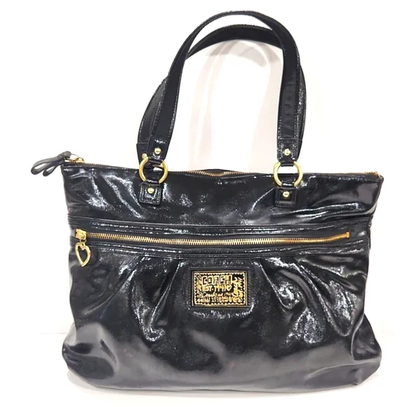 Coach F-20004 Daisy Liquid Gloss Black Patent Leather Shoulder Bag Tote Purse - Picture 2 of 16